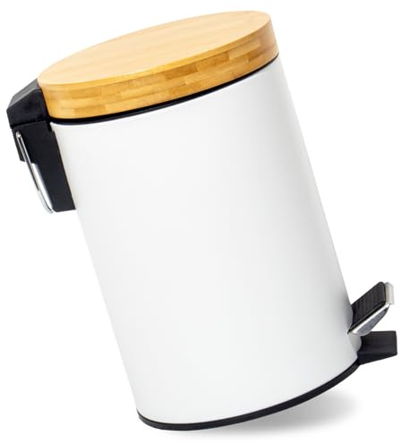 GREELUE 3L Mülleimer Bad mit Bambusdeckel, Kosmetikeimer mit Absenkautomatik (Soft Close), Badezimmer eimer, Abfalleimer Bad (Weiß 3L)