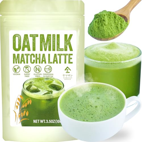 YAMASAN KYOTO UJI Oat Milk Matcha Latte Instant Mix Vegan 3.5oz | Uji Matcha Ceremonial Grade with Oat Milk, Dairy-Free, 100% Plant Based, Vegan, Gluten-Free, No Refined Sugar, 100g