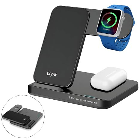 3 in 1 Wireless Charging Station - Foldable & Fast Qi Wireless Charger for iPhone, Android, and Qi-Enabled Devices - Easy All-in-One Charging Spot (Black)
