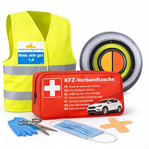 Juego 3 en 1 – Kit de primeros auxilios para coche y coche 2026: EN ISO 20471 – Luz de advertencia V16 y botiquín de primeros auxilios compatible, bolsa de primeros auxilios y chaleco reflectante