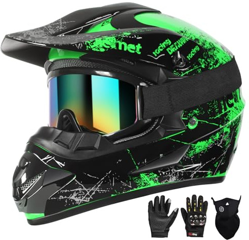 SPARK Dirt Bike Helmets Kids Motorcycle Helmet Youth ATV Motocross Full Face Men Women Off-Road Mountain Bike Helmet Adult with(Gloves Goggles Mask) DOT Approved 4Pcs Set (Green, Medium)
