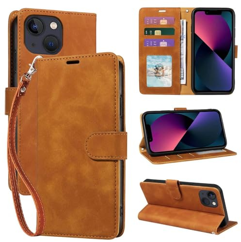 GOTOURED for iPhone 13 Mini Case Wallet, RFID Blocking Card Holder, Brown | 3 Card Slots, Wrist Strap, Soft PU Leather Flip Cover, Kickstand, Magnetic Closure, TPU Shell Protective, 13 Mini 5.4 -inch