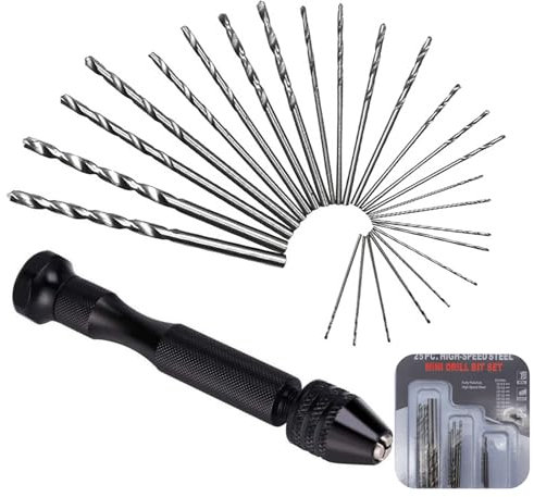 Mini Trapano a Mano 25 Pcs Twist Drill Punte Trapano Elicoidali Precision, Dimensioni da 0.5 a 3.0mm, Impugnatura Antiscivolo in Lega di Alluminio, Ideale per Legno, Resina, Gioielli