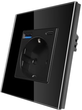 CNBINGO Schuko Steckdose Unterputz mit Typ-C & USB-A, 1-Fach Schwarz Glas | Einzelsteckdose mit USB-A/C Ports (Max.2,1 A), Wandsteckdose mit Kindersicherung, Horizontal oder Vertikal, Glasrahmen