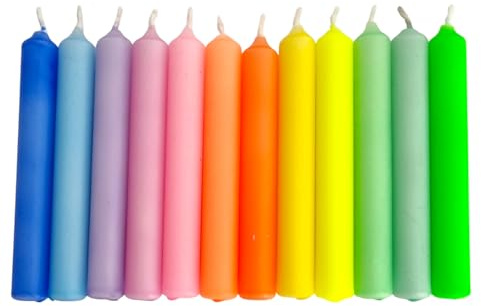 GLOWYBOX® 12 Stück Geburtstagskerzen für Kerzenring Kerzen für Kindergeburtstag bunte Kinderkerzen Geburtstagszug Minikerzen bunt Baumkerzen bunt neon dip Dye Kerzen regenbogen1-farbig pastell