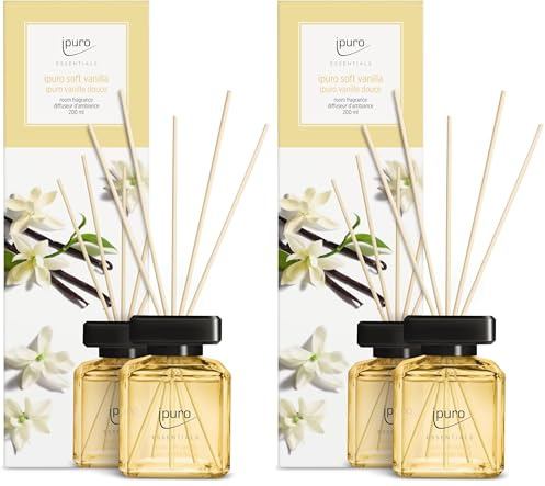 ipuro - Essentials Raumduft Soft Vanilla 200ml | Raumerfrischer mit Vanille, Sandelholz, Lakritz, Pfirsichblüte & Karamell Duft Aroma | Diffuser mit Stäbchen | Lufterfrischer für die Wohnung