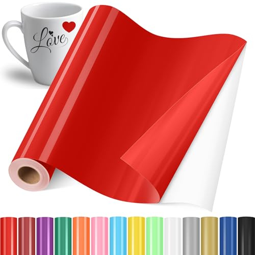 YAFLC Vinyle Adhésif Rouge, 30.5x400cm Rouleau de Vinyl Permanent, Film Autocollant pour Tasses, Verre, Céramique, Cadeaux de Bricolage, Noël