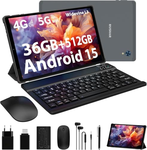 RUSHAR Tablet Andriod 15, Tablet 10.6 Pulgadas, 36GB RAM+512GB ROM(TF 2TB), 4G LTE+5G WiFi/INCELL 2000 * 1200/8000mAh/Octa-Core/13MP+8MP/BT5.0/OTG, Tablets con Lapiz y Teclado, Gris