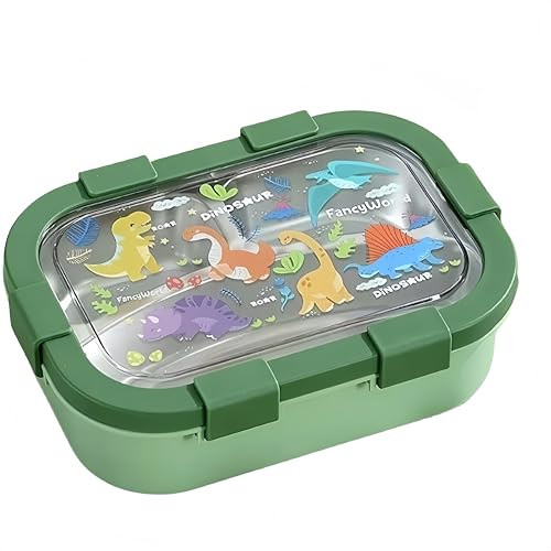 Pawcean Lonchera de acero inoxidable 304 con diseño de dinosaurio de dibujos animados, con cuchara, tenedor, sellada, a prueba de fugas, contenedor de almacenamiento de alimentos