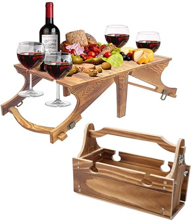 Yuehuam 2 in 1 faltbarer Picknickkorb aus Holz, für den Außenbereich, zusammenklappbarer Picknicktisch mit 4 Glashaltern, für romantisches Camping, Park, Party, Gartenkonzerte