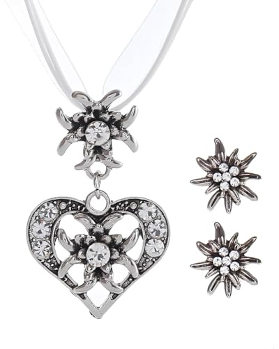 OHREN 3 Stück Trachtenschmuck Set Bayerisch Dirndlschmuck Trachtenkette mit Strass Edelweiß Herz Anhänger und Edelweiß Ohrstecker für Damen Bierfest Trachten Dirndl Outfit Accessoires (Weiß)