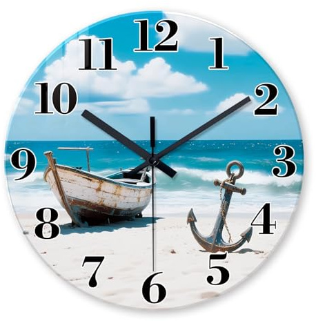 Analog Blue Beach Wall Clocks Battery Operated 12 Inch Coastal Wall Clocks for Living Room Decor Round Modern Silent Wall Clock Non Ticking