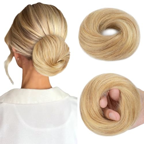 MY-LADY Haarteil Mit Gummiband Dutt Haarteil Haargummi Mit Haaren Glatt 100% Echthaar, Hochsteckfrisuren Haarverlängerung für Damen Mädchen (#18P613 Ascheblond/blond,30g)