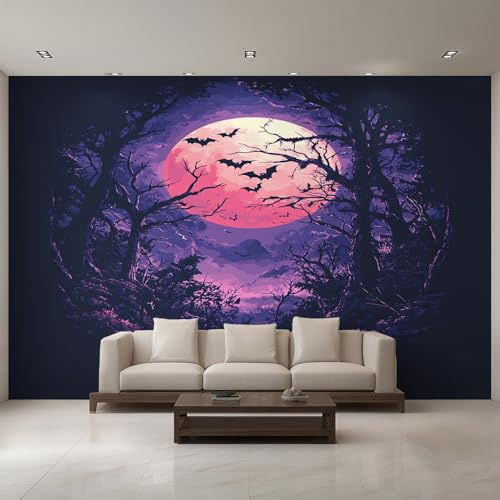 Générique Papier Peint Panoramique Halloween, Papier Peint Chauve-Souris Arbre Mort Gothique Fond pour Chambre Wallpaper, Fresque Murale pour Salon Salle Deco Murale, 200x140cm D&O46