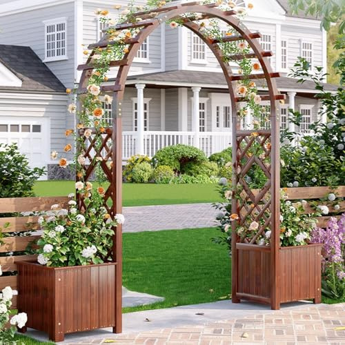 FVTVHEV Arche de Jardin en Bois Massif Treillis à Rosiers Comprend Deux jardinières Treillis Plante grimpante Bois Facile à Assembler Décoratif pour Les pelouses de Patio(160cm (with Planter))
