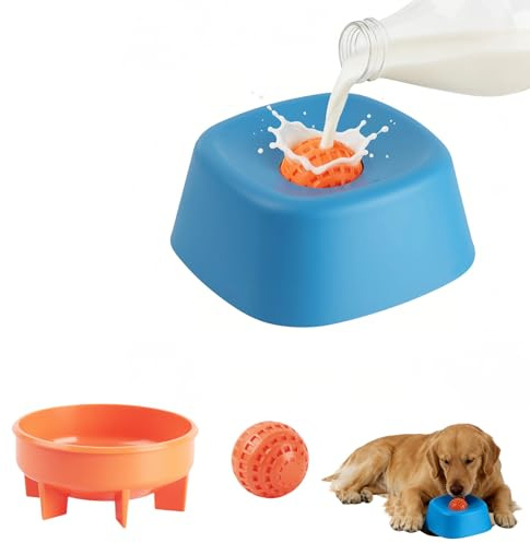Dog Licking Bowl with Ball - Liquid Treat Feeding Bowls Slow Feed for Yoghurt/Yogurt/Fruit Puree/Bone Broth, ABS Material Non Spill Dog Bowl Boredom Busters Lick Toy, Easy to Clean - Blue