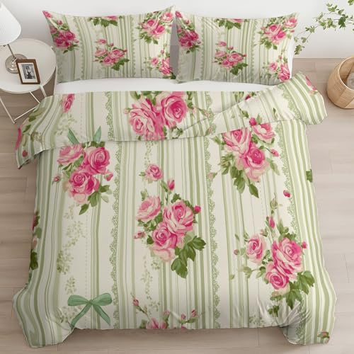 Light Green Duvet Cover Set for Kids Boys Girls Vintage Pink Roses Plants Green Ribbon Bedding Set, Ultra Soft Hypoallergenic Non-Iron Reversible 3 Piece Quilt Covers with 2 Pillowcases, Single Size