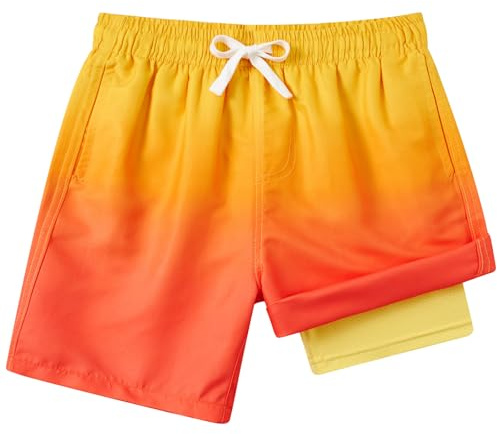 Kids4ever Boys Swimming Shorts with Compression Liner 2 in 1 Kids Swim Shorts Orange Gradient Summer Quick Dry Beach Boardshorts with Pockets 10-12 Years