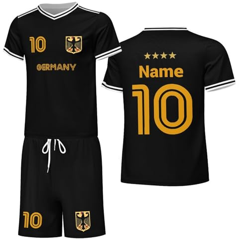 Personligt Tyskland fotbollströja, set, T-tröja + shorts för ungdomar och vuxna, individuellt namn och nummer, 2026, män, kvinnor, fotbollsfans, träning, sporttröja, svart, XXL