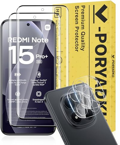 Protector de Pantalla para Xiaomi Redmi Note 15 Pro Plus 5G / Note 15 Pro+, Película de Vidrio Templado 2 Piezas+ Protector de Lente de Cámara 2 Piezas, HD Clara, Sin Burbujas, 9H Dureza, Antihuellas