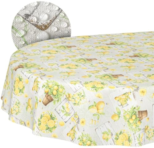 Wachstuchtischdecke Tischdecke abwaschbar Wachstischdecke pflegeleicht wasserabweisend Lotuseffekt Outdoor Lemon Wachstuch Gartentischdecke Zitronen Oval 180 x 140cm Schnittkante