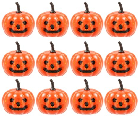 JUFYVO 12Pcs Halloween Spooky Pumpkin Orange Smiling Face Pumpkins Ornaments Artificial Plastic Figurines for Fall Harvest and Theme Party Decorations