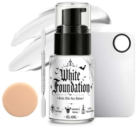 White Foundation, Base Blanca Maquillaje, Maquillaje Blanco Halloween para Maquillajes de Carnaval, Teatro, Festivales, Gótico, Vampiro y Payaso, Incluye Paleta de Base y Borla, 40 Ml