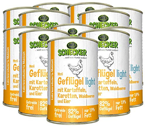 Schecker Nassfutter - Hundemenü Geflügel Light mit Kartoffeln, Karotten, Waldbeeren & Ei - Nassfutter - Diätfutter - 12 x 410 g