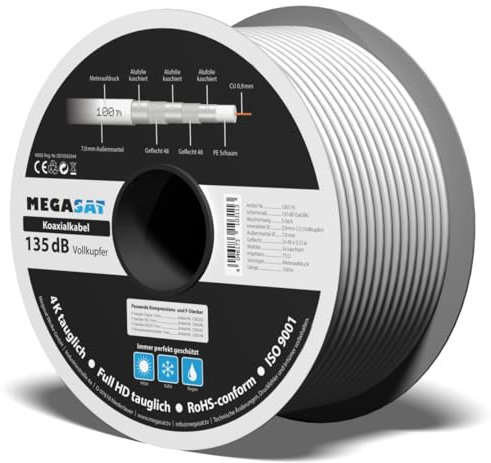 Megasat 135 dB Vollkupfer – 100 m Spule – Koaxialkabel (135 dB Schirmmaß, 5-fache Abschirmung, Innenleiter aus Vollkupfer) – Weiß
