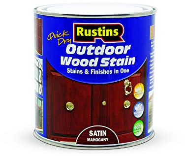 Rustins Quick Dry Outdoor Wood Stain Satin Mahogany 1ltr- Durable and Weather-Resistant Finish, Fast Drying, Vibrant Color for Decks, Fences, & Furniture, Available in Many Wood Shades