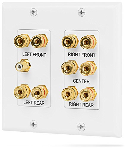 Fosmon 2-Gang 5.1 Surround Sound Heimkino Wandplatte, Kupfer Weiß | Vergoldete Banana Binding Post Coupler Typ Wandplatte für 5 Lautsprecher und Eine RCA Buchse für Aktiv Subwoofer Anschlüsse