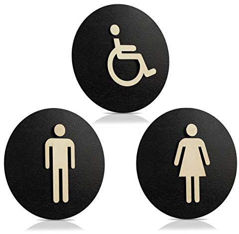 WC Schild Schwarz Holz Toilettenschild Toilette Türschild Damen Herren (Ø 12cm, Damen+Herren+Behinderten)