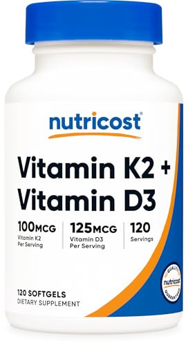 Nutricost Vitamin D3 + K2 (5000 IU D3 / 100mcg MK7), 120 Softgels – Gluten-Free & Non-GMO