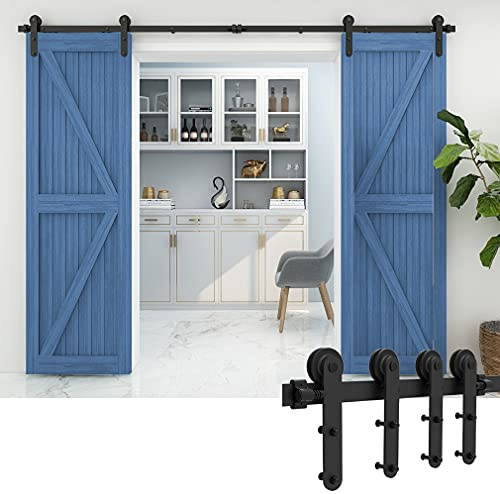 6FT/182cm Antique Sliding Barn Wood Door Hardware Track Kit Track System for Double Door,Easy to Install