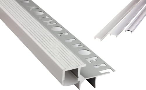 T-40 LED Alu Fliesenprofil Treppenprofil Stufen 12 mm silber 2m klar | Für beleuchtete Treppen- und Stufenkanten mit geschütztem LED-Streifen und sauberer Lichtführung, Abdeckung klar