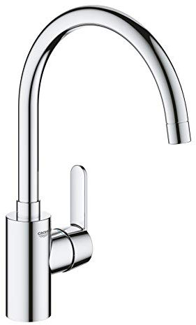 GROHE Get, Küchenarmatur mit hohem Auslauf (Wasserhahn für die Küche, 150° schwenkbar, wassersparend dank variabler Mengenbegrenzung, werkzeugfreie Spülbecken-Montage), chrom, 31494001