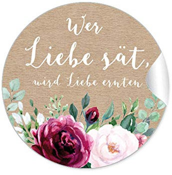48 STICKER: Wer Liebe sät, wird Liebe ernten Etiketten als Gastgeschenk • BOHO KRAFTPAPIER OPTIK BLÜTEN ROSEN GRÜN ROT ROSA BRAUN • Samen Tüten Reagenzgläser Blütensamen zur Hochzeit Geburtstag