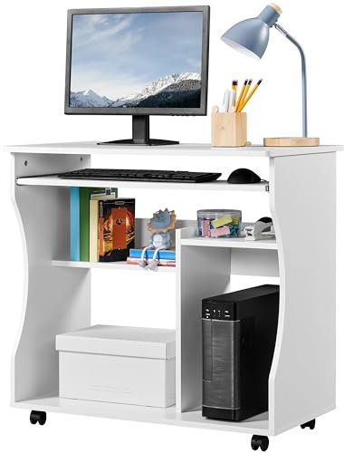 Yaheetech Wood Rolling Small Computer Desk PC Laptop Table Standing Desk Home Office Workstation with Sliding Keyboard Tray and Storage Shelves on Wheels Movable for Small Space White Desk 80x48x76cm