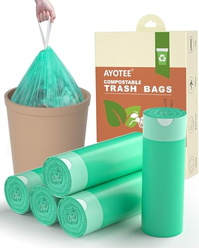Small Compost Bags 1.2 Gallon 125 Count, AYOTEE Drawstring Mini Trash Bag, Strong Compostable Trash Bags Small Bathroom Trash Bags for Home Kitchen Office Fit 4.5-5 Liter Trash Can, 1-1.5 Gal