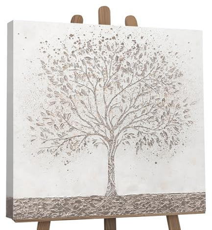 YS-Art Abstrakt Acryl Gemälde auf Leinwand Stammbaum handgemalt Wandbilder Wohnzimmer modern Wohndekor Bilder Büro Praxis weiß grau Baum echte Kunst 90x90 cm