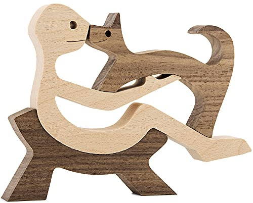 Tierdekoration Holzstatue Mann und Katze Figuren Dekor geschnitzt Holz Deko Skulptur