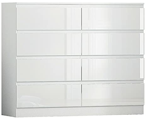 FWStyle White Gloss 8 Drawer Chest of Drawers with Matt White Frame, Scandinavian Handleless Bedroom Storage Furniture with Deep Drawers and Metal Runners, W110 x H99 x D40cm