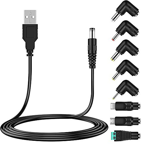 Cavo di alimentazione universale da 5 V USB a DC 5.5 x 2.1 mm, cavo di alimentazione con 8 connettori (5.5 x 2.5, 4.8 x 1.7, 4.0 x 1.7, 3.5 x 1.35, 2.5 x 0.7, Micro, telefono, tablet e molto altro