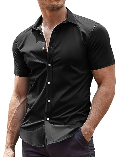 COOFANDY Men's Dress Shirts Slim Fit Wrinkle-Free Short Sleeve Casual Button Down Shirt Black