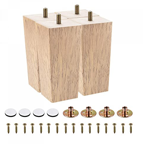 sourcing map Furniture Legs, 6 Inch(150mm) Set of 4 Square Solid Wood Couch Legs Chair Table Feet Sofa Support Replacement Parts, with Accessories, Light Brown