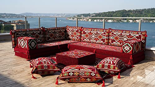 Maroon L-förmige Bodencouch, Eckbodenkissen, marokkanische Wohnkultur, orientalische Sofabezüge, Bankkissen, Bodenkissen, arabische Majlis, Sofa Wohnzimmer, Sofabezug (L Sofa Komplettset)