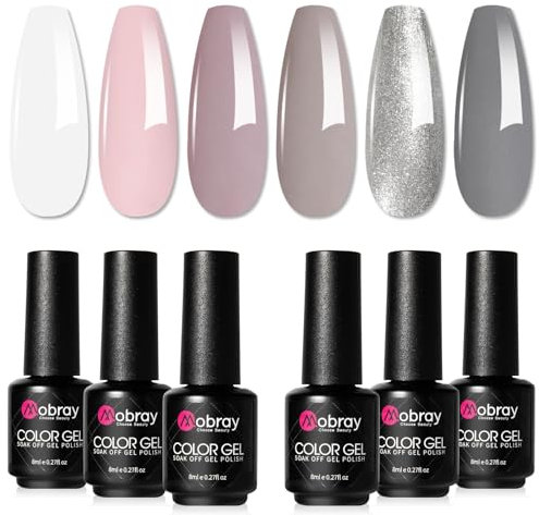 Mobray Gel Nail Polish Set, 6 Color Gel Polish White Grey Giltter, Winter Nail Art Gel Nail Varnish, Salon DIY Soak Off U V/LED Shellac Nail Polish Kit for Women