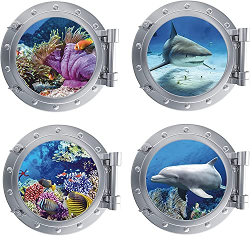 KAIRNE 3D Porthole Underwater Shark Dolphin Coral Bathroom Wall Stickers