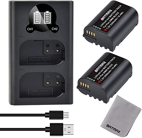 Batmax Lot de 2 batteries de rechange DMW-BLK22 2280 mAh et écran LCD avec port de type C pour appareil photo Panasonic LUMIX DC-S5 DC-SSK DC-G9 DC-GH5 DC-GH5 II DC-GH5S DC-GH6