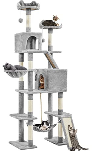 Yaheetech Arbre à Chat Géant 209 cm Multiniveau Gris Clair | Pour plusieurs chats, perchoirs,niches,panier, rampes et poteaux en sisal,bois FSC,coins arrondis,hamac amovible,sangle
